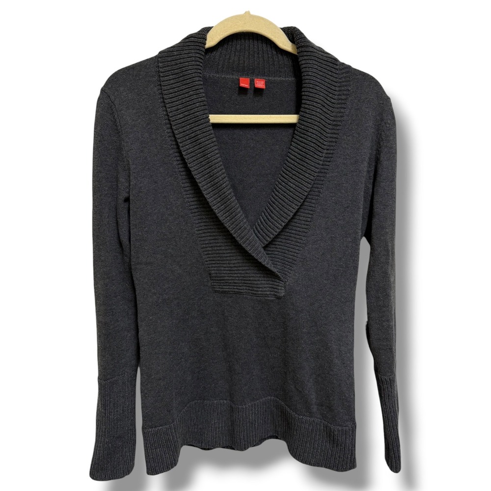 Esprit Womens Charcoal Gray 100% Cotton Shawl Collar V-Neck Knit Sweater Size M‎